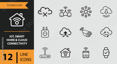 12 IoT Smart Home and Cloud Connectivity Icons outline icon set Smart Home IoT Cloud Connectivity Outline Icons Set