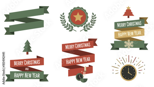 Set of vintage style Christmas and New Year ribbons and labels for holiday design.
