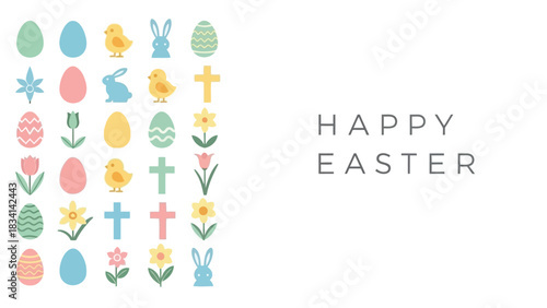 Happy easter greeting with pastel colored icons of eggs bunnies chicks flowers and crosses