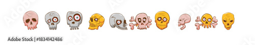 A collection of colorful cartoon skulls and crossbones in a vibrant, pop art style, isolated on a white background, vector illustration.