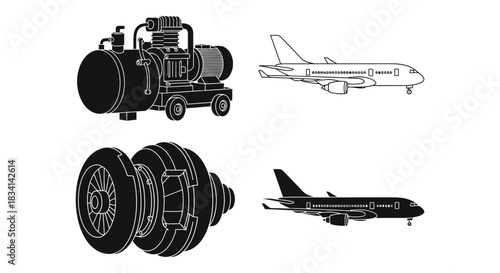 Stock vector illustration of aircraft engine compressor and airplane