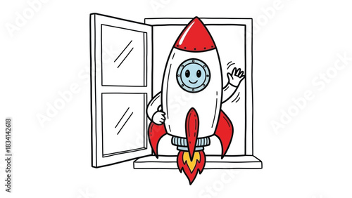 Blast Off: A whimsical rocket ship, with a friendly face, prepares for takeoff, emerging from a window against a clean backdrop.  