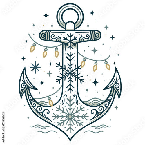 Winterlicher Anker mit Schneeflocken - Maritimes Vektor Ornament