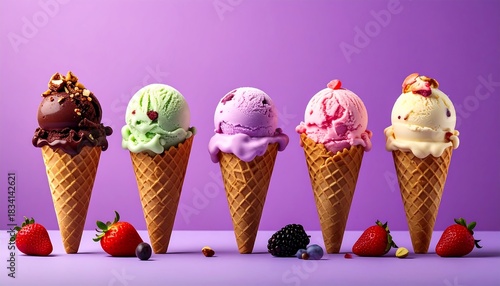 Five ice cream cones, various flavors, sit against a purple background with scattered fresh berries and nuts