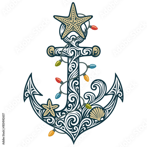 Weihnachts-Anker mit Seestern und Lichterkette - Maritimes Vektor Ornament