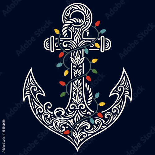 Weihnachts-Anker mit Lichterkette - Ornamentales Maritim Vektor Motiv