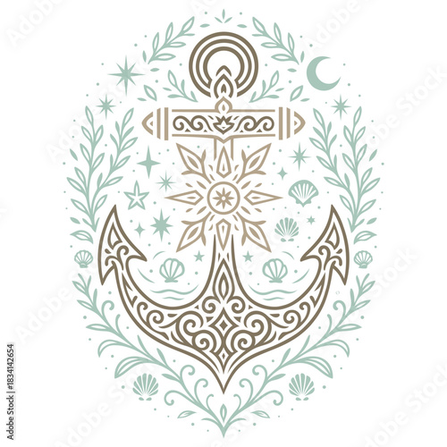 Maritimer Anker mit Schneeflocke und Muscheln - Ornamentales Vektor Motiv