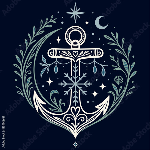 Mystischer Anker mit Schneeflocke und Mond - Maritimes Winter Vektor Motiv