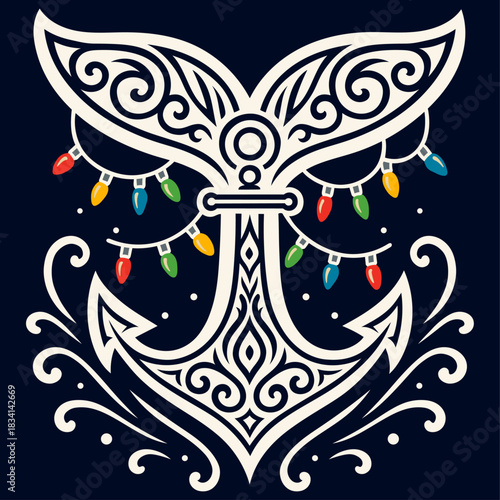 Anker mit Walflosse und Lichterkette - Maritimes Weihnachts Ornament