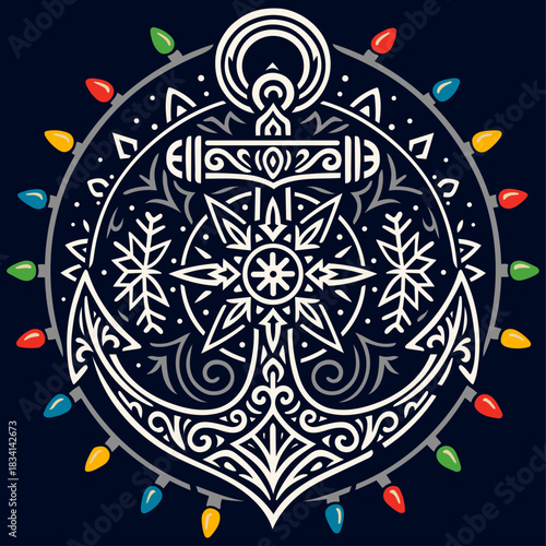 Anker Mandala mit Schneeflocke und Lichterkette - Maritimes Weihnachts Ornament