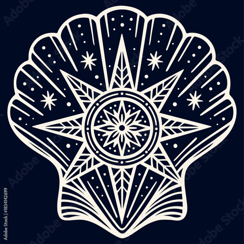 Kosmische Muschel mit Stern - Ornamentales Maritim Vektor Motiv
