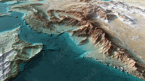 An aerial view of a detailed topographic map depicting a landscape featuring mountains and sea. The image showcases the natural formations of land and water