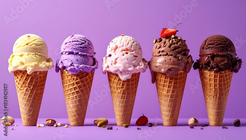 Five ice cream cones with various flavors, arranged against a solid lavender background, and nut accents near the base