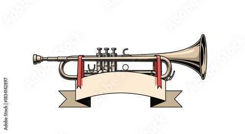 Illustration of a trumpet with a red ribbon and a blank banner for text.