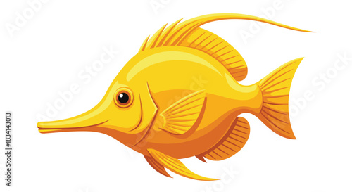 Golden fish with a long, pointed snout swims to the left against a white background.