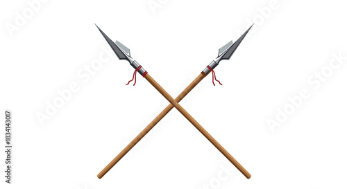 Two crossed spears with sharp metal heads and wooden shafts on a white background.