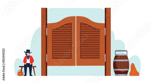 Western saloon swing doors stand open with a cowboy sitting on a bench and a barrel nearby.