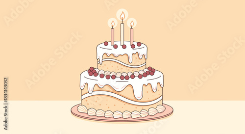 A two-tiered birthday cake adorned with red berries and lit candles sits on a pink cake stand.