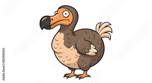Cartoon illustration of a plump dodo bird with brown and tan feathers and a large hooked beak standing on white background.