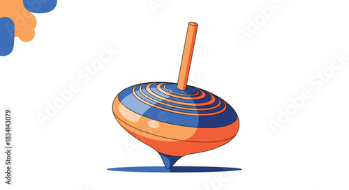 A colorful spinning top toy with blue and orange stripes on a white background.