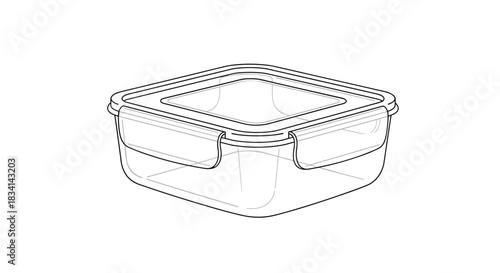 A clear square food container with a lid and locking clips, shown in a line drawing.