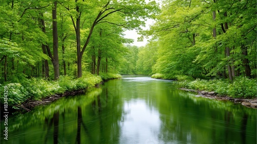 A serene river flows through a lush green forest, reflecting the vibrant foliage and creating a peaceful natural landscape.