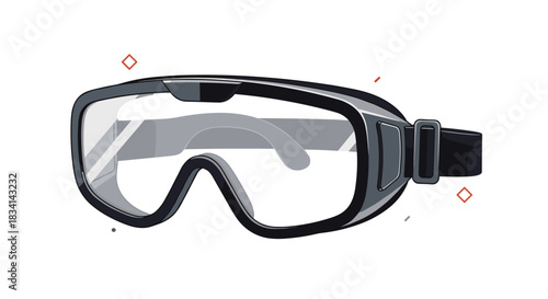 Close-up illustration of clear safety goggles with a black frame and strap against a white background.