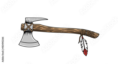 Illustration of a tomahawk axe with a feather attached to the handle.