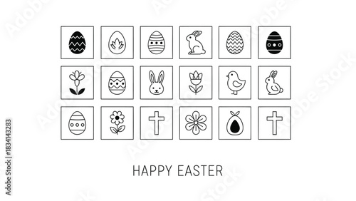 Collection of simple black and white line art icons celebrating easter with eggs bunnies flowers chicks and crosses