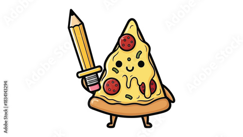 Pizza Defender: A cartoon slice of pizza wielding a pencil as a sword, showcasing a playful and creative concept, perfect for food and artistic themes.