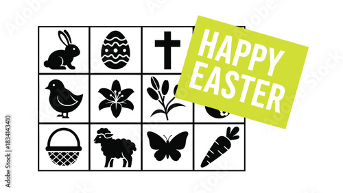 Collection of easter holiday icons including a bunny egg cross chick lily and basket with happy easter text