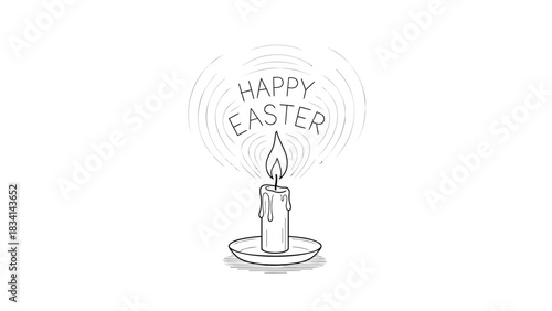 Simple black and white line art illustration of a lit candle with dripping wax and the words happy easter above