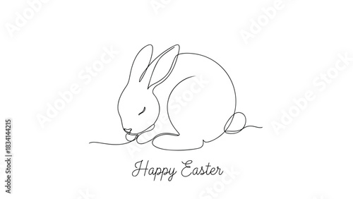 Minimalist single line drawing of a cute sleeping bunny with happy easter text
