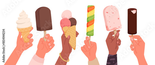 Set of hands holding white ice cream bar on wooden stick to eat. Fingers of character hold brown tasty snack, sweet dairy product and summer dessert cartoon vector illustration