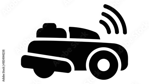 Icon of a smart robotic lawn mower autonomously cutting grass efficiently with wireless signal waves emanating