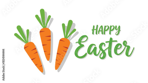 Happy easter greeting with three stylized orange carrots and green tops on a white background