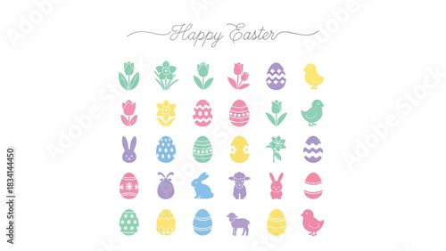 Happy easter greeting with colorful pastel icons of eggs tulips daffodils chicks bunnies and lambs