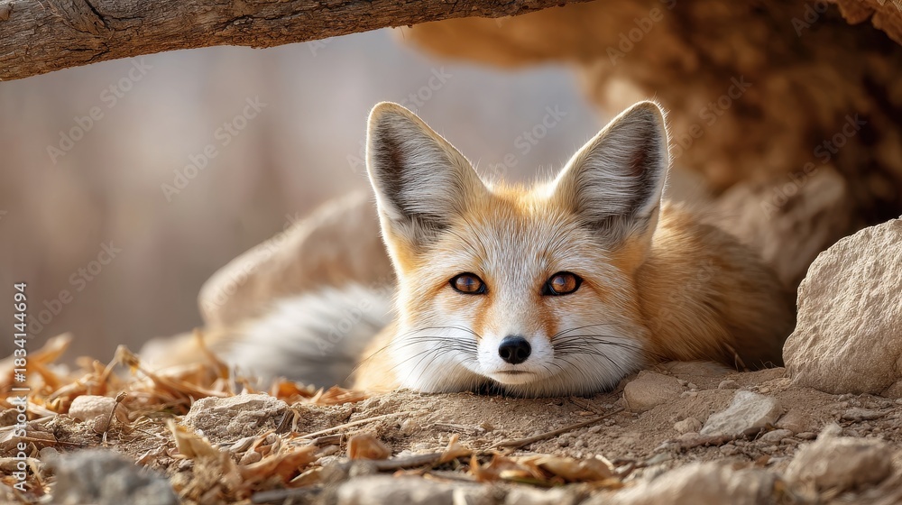 Fototapeta premium A serene fox rests among rocks and leaves, showcasing its striking orange fur and alert expression in a natural setting.