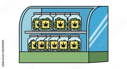 Marijuana dispensary showcase with cannabis jars for medical use sale