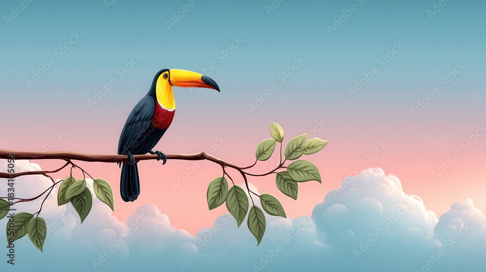 Naklejka premium A colorful toucan perches on a branch against a pastel sky, surrounded by soft clouds and vibrant leaves.