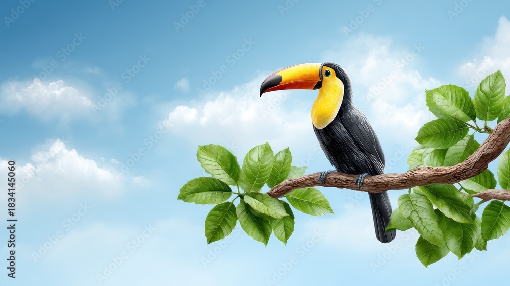 Naklejka premium A colorful toucan perched on a branch amidst green leaves and a bright blue sky with fluffy clouds.