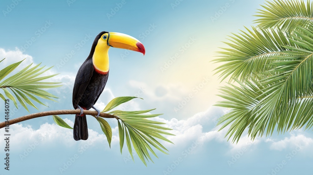 Fototapeta premium A vibrant toucan perched on a branch amidst lush palm leaves and a bright, cloudy sky.