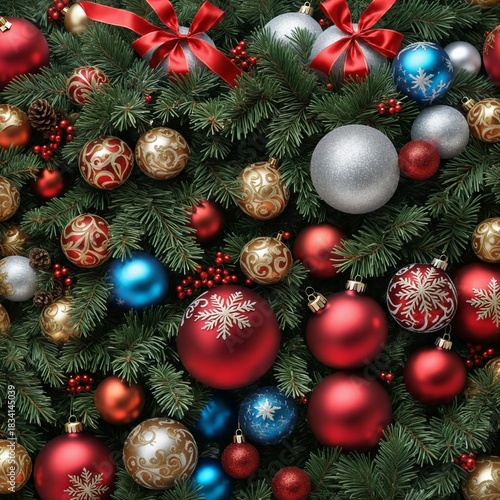 Christmas Ornaments and Pine Tree Background - Red, Gold, and Silver Baubles on Evergreen Branches