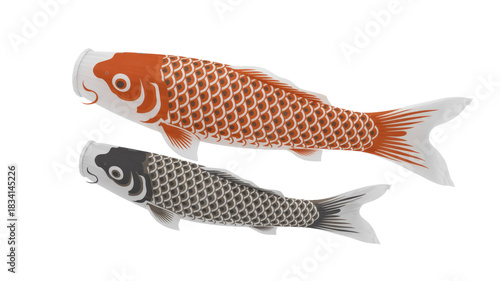 Two colorful Koinobori carp streamers, one orange and one black, representing Japanese tradition, strength, and perseverance, displayed as if flying. background removed