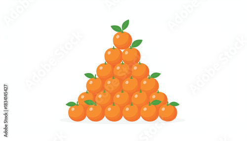 Pyramid Stack of Fresh Ripe Oranges with Green Leaves, Healthy Citrus Fruit Arrangement Illustration on a White Background