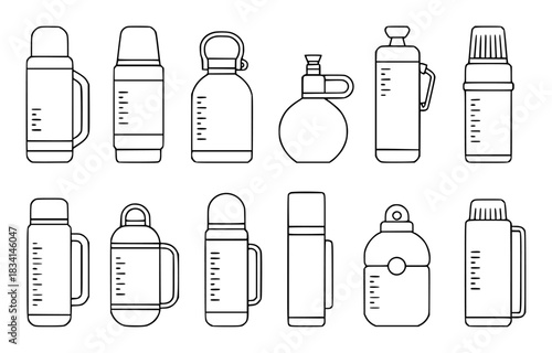 Collection of Outline Thermos and Water Bottle Icons with Measurement Markings