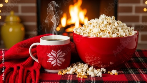 Cozy Winter Evening with Popcorn and Coffee