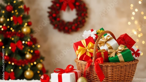 Festive Christmas Gifts in a Wicker Basket Display