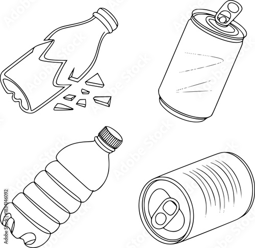 Collection of Plastic Bottles and Metal Cans, One Bottle Broken