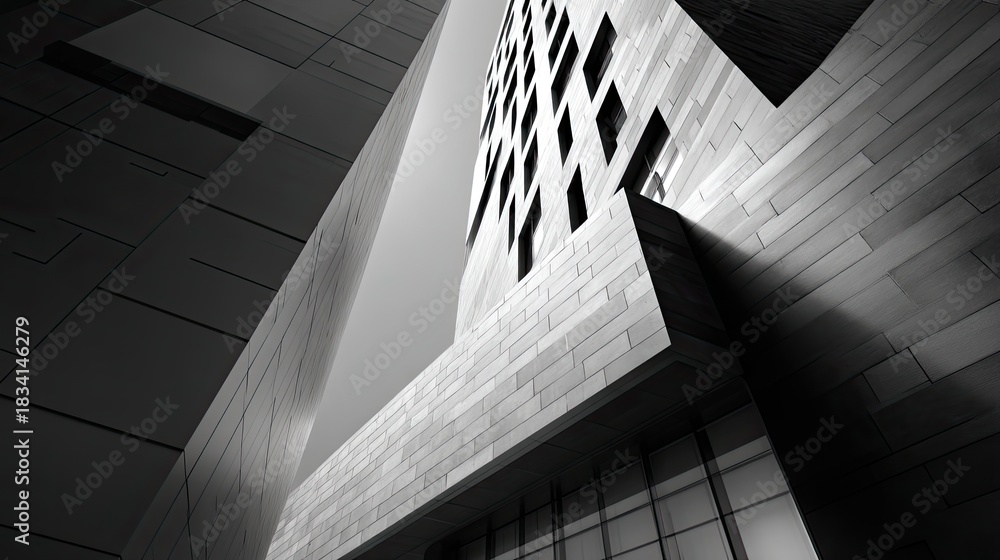 Obraz premium Innovative architectural design featuring modern geometric shapes and interplay of light and shadow in black and white